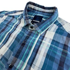 prAna Pearl Snap Plaid Shirt Mens Small Blue White Western Casual Outdoors